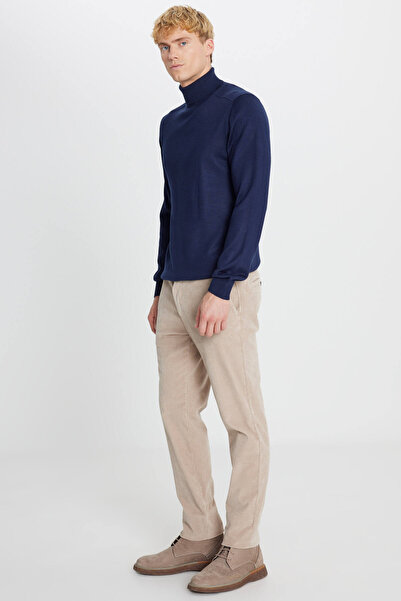 ALTINYILDIZ CLASSICS Ανδρικό μπεζ βαμβακερό παντελόνι εφαρμοστό με στενή εφαρμογή με βελούδινη ελαστική τσέπη στο πλάι