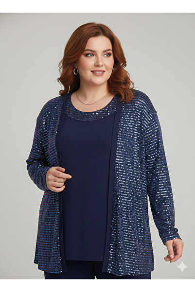 YASEŞA BUTİK ANNE KADIN GENÇ BÜYÜK BEDEN LACİVERT PUL PAYETLİ ETEK ÜZERİ İKİL...