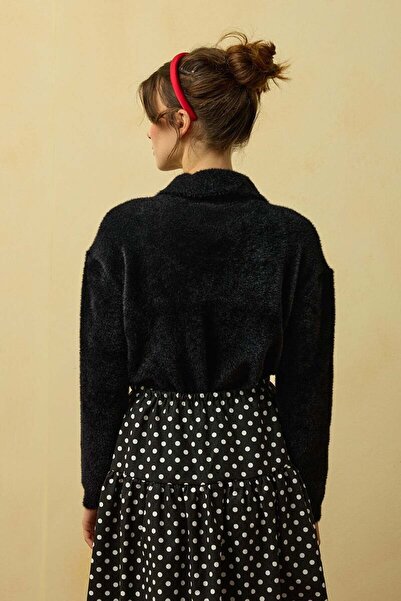 Ceylan Otantik Μαύρη βελούδινη ζακέτα με λαιμόκοψη πόλο