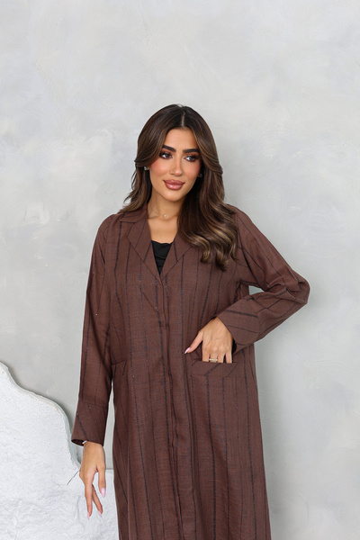 SAI ABAYA Brown Linen Abaya Elegant Zari Embroidery & Side Pockets