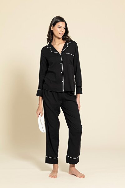FOR YOU MODA 3-teiliges weiß-schwarz gestreiftes Pyjama-Set