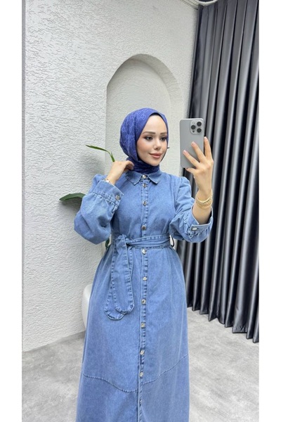 M O L İ T A MLT121 Kalın Kot Kumaş Tam Boy Düğmeli Denim Elbise