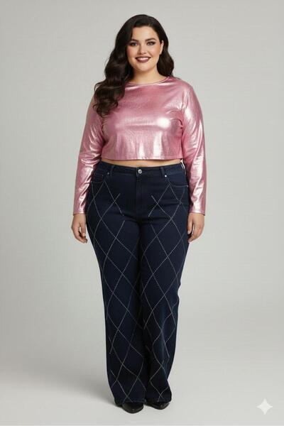 FİVA JEANS Plus Size Jeans Premium Super High Waist Stretchy Diamond Stone Wi...