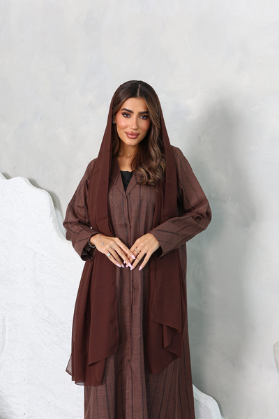 SAI ABAYA Brown Linen Abaya Elegant Zari Embroidery & Side Pockets