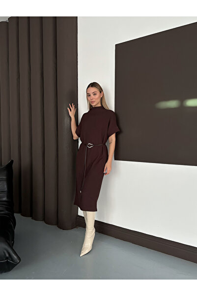 MODAMERSİ Women's Brown Mock Neck Belted Short Sleeve Dress
