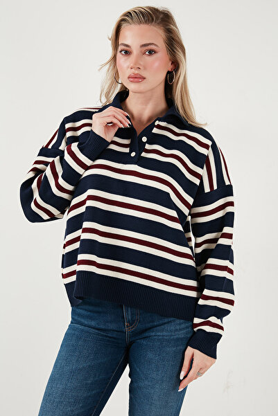 Lela Смугастий оверсайз-светр з гудзиками та поло-коміром СВЕТР З ПОЛО-КОМІРОМ 4615259