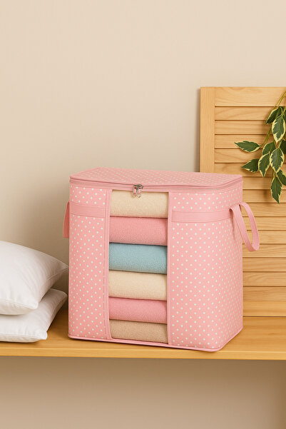 Serstil Pencereli Saklama Çantası | Yorgan Battaniye Saklama Hurcu 50 X 45 X 30 Cm - Pembe Benekli