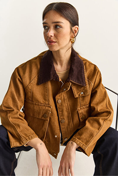 Bianco Lucci Γυναικείο τζιν μπουφάν με βελούδινο γιακά με λεπτομέρεια μεγάλης τσέπης Gabardine oversized 6051 60283862