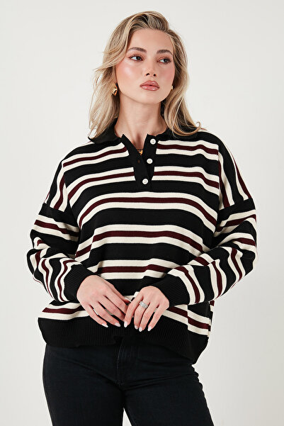 Lela Πουλόβερ με ριγέ λαιμόκοψη με κουμπιά oversized Fit POLO COLLAR SWEATER 4615259