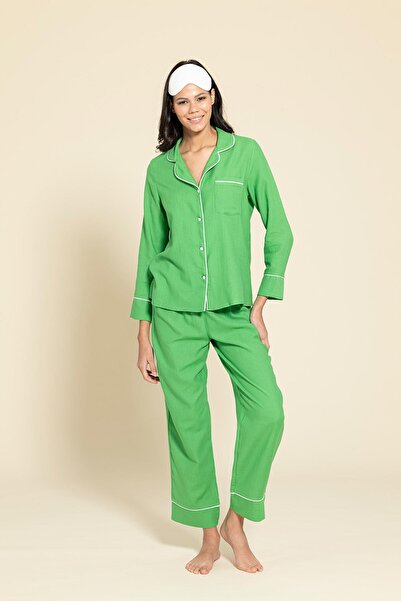 FOR YOU MODA 3-teiliges weiß-grün gestreiftes Pyjama-Set