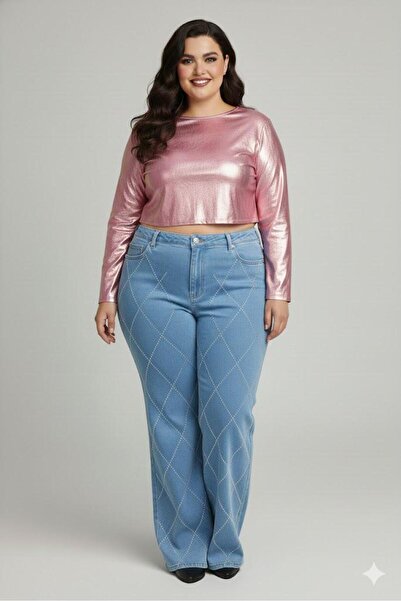 FİVA JEANS Plus Size Jeans Premium Super High Waist Stretchy Diamond Stone Wi...