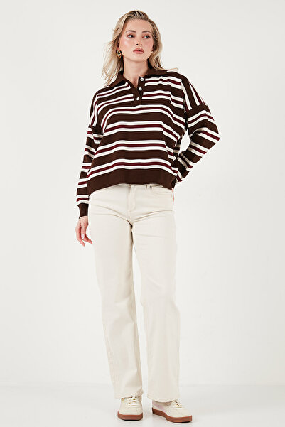 Lela Πουλόβερ με ριγέ λαιμόκοψη με κουμπιά oversized Fit POLO COLLAR SWEATER 4615259