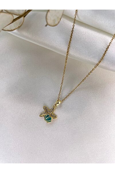 Modesa bijuteri Deniz Yıldızı Figürlü Gold Çelik Kolye – Mavi Deniz Kabuğu De...
