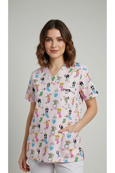 DEMOTEKS Cats in Christmas Stockings T-Shirt - Women's Pink V-Neck T-Shirt