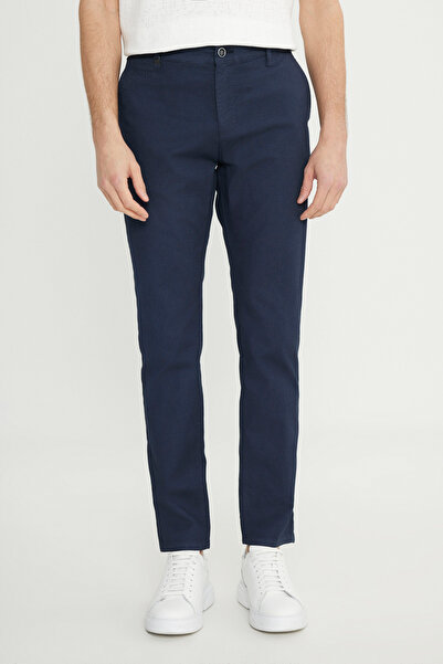 ALTINYILDIZ CLASSICS Men's Navy Blue Cotton Slim Fit Slim Fit Side Pocket Dobby Stretch Casual Trousers