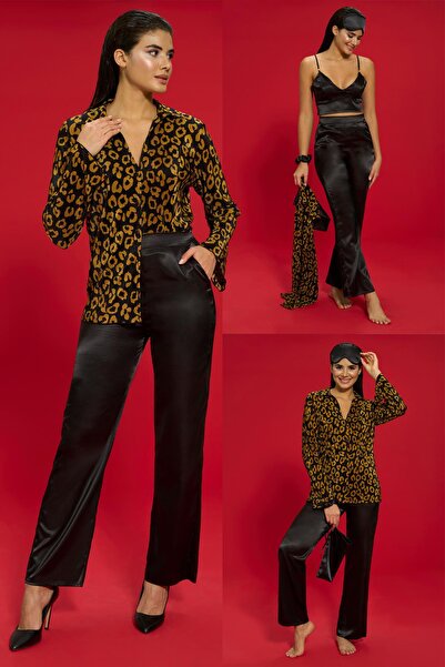 FOR YOU MODA 6-teiliges schwarzes Pyjama-Set mit plissiertem Leopardenmuster und Bustier