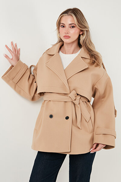 Lela Oversized Fit Double-Breasted Collared Belted Cashmere Coat Coat 6839669