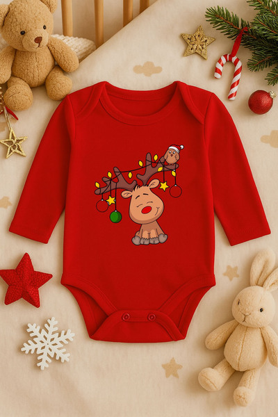MODA 2026 New Year Deer Christmas Printed Cotton Long Sleeve Snap Fastener Ba...