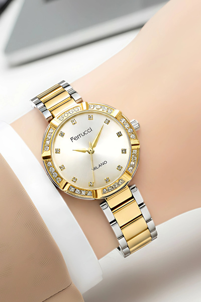 Ferrucci Steel Cord Steel Case Women Wrist Watch, Bracelet Gift Silver-Gold Zmfer202