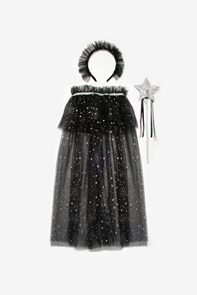 Le Mabelle Black Silver Star Patterned Girl's Cape Staff and Crown Set