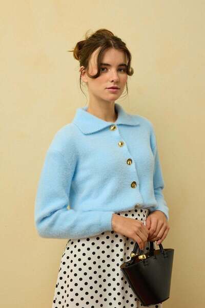 Ceylan Otantik Μαλακή μπλε βελούδινη ζακέτα με γιακά πόλο