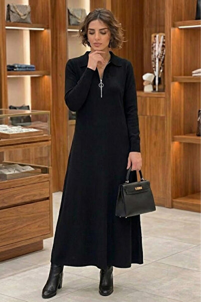 Nevin Kaya Moda Black Elegance Modal Fabric Zipper Detailed Dress