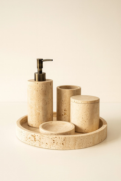 DMR HOME طقم حمام من حجر الترافرتين الطبيعي - حامل صابون سائل وحامل فرشاة أسن...