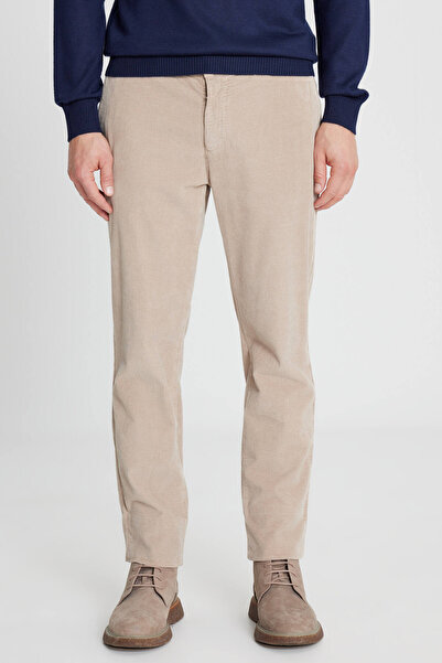 ALTINYILDIZ CLASSICS Ανδρικό μπεζ βαμβακερό παντελόνι εφαρμοστό με στενή εφαρμογή με βελούδινη ελαστική τσέπη στο πλάι