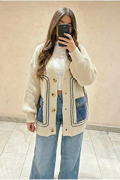 FEMELLE Women's Beige Standard Size Buttoned Oversize Knitwear Cardigan with Denim Pockets