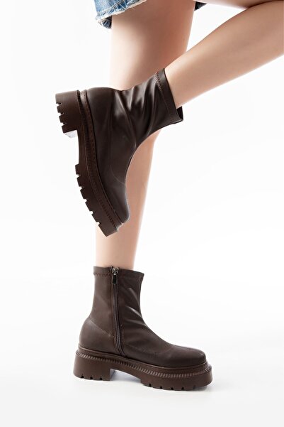 Zerenyus Zri̇n-2011 Premium Brown Stretch Zippered Casual Women's Boots