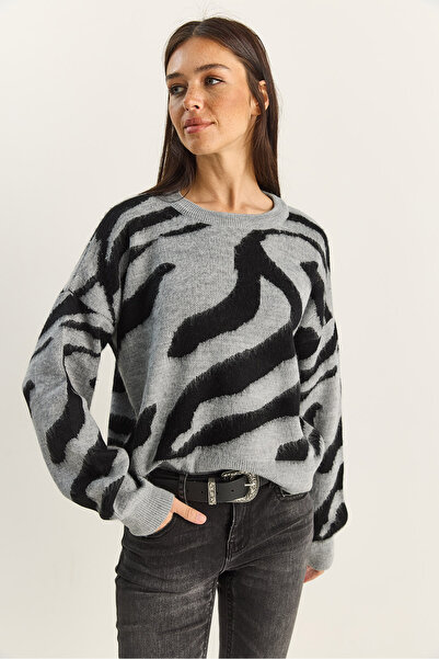 Bianco Lucci Women's Thick Zebra Patterned Crew Neck Fleece-Lined Knitwear Sweater 60285006