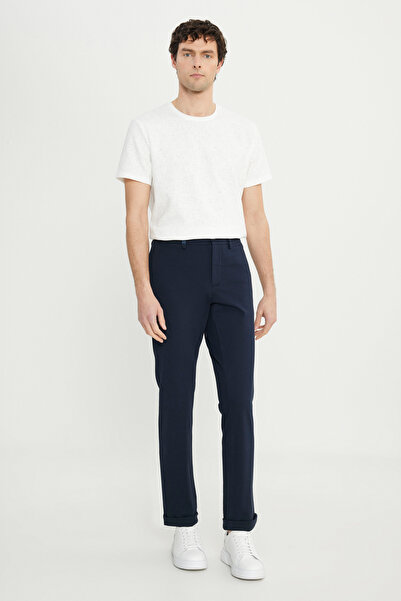 ALTINYILDIZ CLASSICS Ανδρικό παντελόνι σε μπλε ναυτικό βαμβακερό εφαρμοστό με λεπτή εφαρμογή, δεμένη μέση, ελαστικό παντελόνι με πλαϊνές τσέπες