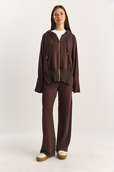 Bianco Lucci Women's Ribbed Oversized Hooded Zippered Sweat Wide Leg Comfort Pants Set 4038 60283855