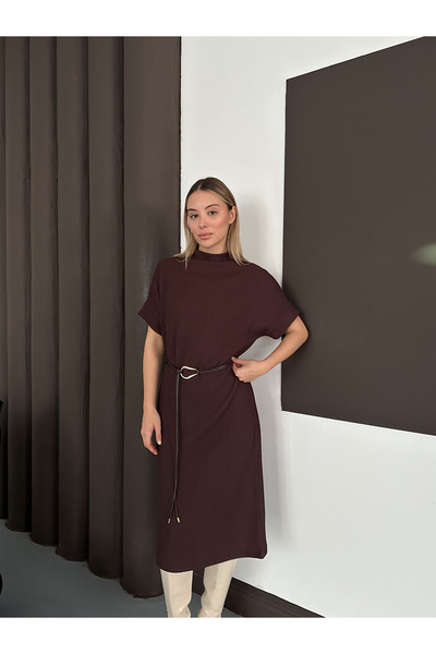 MODAMERSİ Women's Brown Mock Neck Belted Short Sleeve Dress