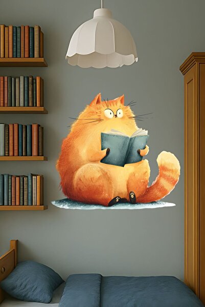 Aysha Tasarım Kütüphane & Okuma Alanı Dekor Sticker – Sevimli Kedi Kitap Okuyor 45x50 cm