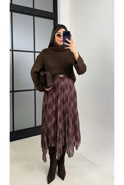 My Blog Brown Plaid Patterned Asymmetrical Skirt - 2210