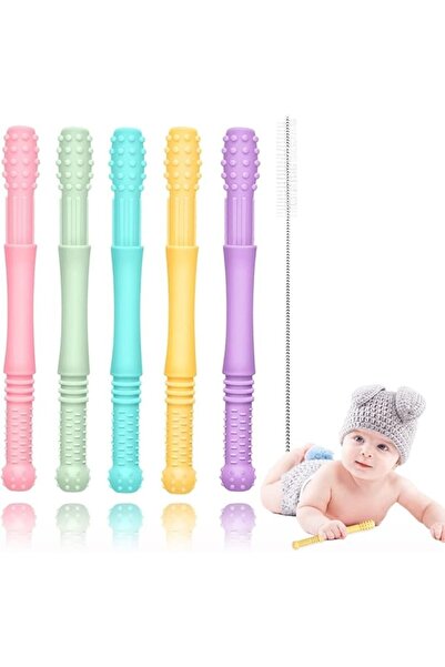 Generic Baby Teething Toys - 5 Pack Silicone Teething Tubes with Cleaning Brush
