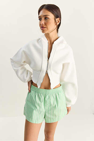 Bianco Lucci Women's Zippered Hooded Waist-Fitted Stretchy Knitted Crop Sweatshirt 60283858