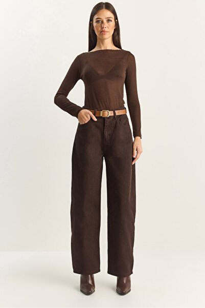 Bianco Lucci Γυναικείο παντελόνι τζιν με λεπτομέρεια με ψηλή μέση και φαρδιά πόδια 5298 60283857