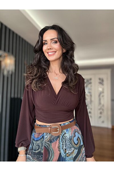 Atelier Derin Bluză maro cu mâneci lungi și decolteu în V