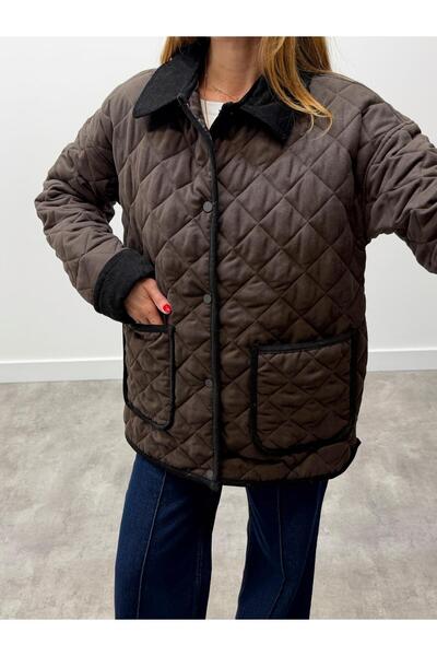 Maldia Shop Women's Vera Velvet Collar Brown Quilted Coat