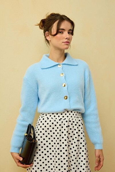 Ceylan Otantik Μαλακή μπλε βελούδινη ζακέτα με γιακά πόλο