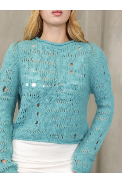 GRODYT Grody.T Women's Transitional Lace-Like Knit Knitwear Sweater, 100% Cotton Long Sleeve Crop Model Crew Neck