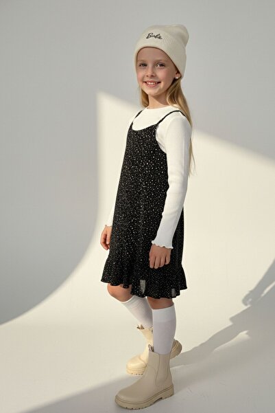 Kübra Tekstil Girl's Black Polka Dot Ruffle Gilet Dress Long Sleeve Corded Fabric Bodysuit 2-Piece Set- Girl's Set