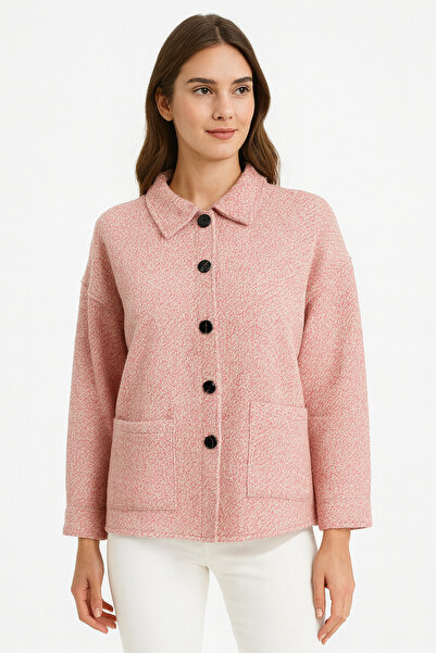 Nuevo Pembe Dokulu Düğmeli Cepli Kadın Ceket-