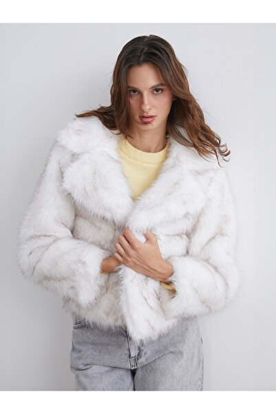 LC Waikiki Vision Ecru Jacket Collar Women Faux Fur Coat