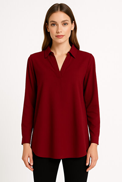 Nuevo Bordo Viskon V Yaka Rahat Kesim Uzun Kollu Kadın Gömlek Bluz -