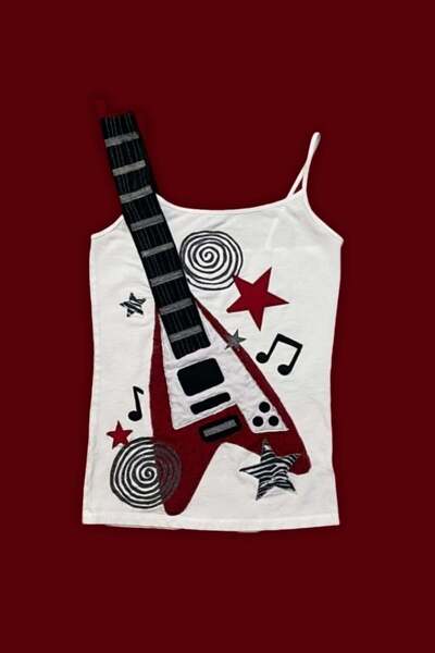 ARS Butik Guitar White Strap Black Detailed Y2K Strap Crop Body