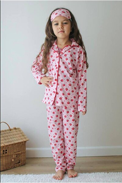 ARBİ kids Girl's Strawberry Pattern Buttoned Transitional Pajamas Set