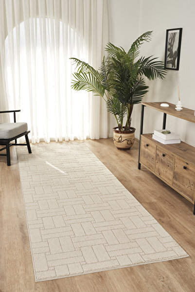 Konfor Halı Rivon RN03 Krem Yumuşak Dokulu Kaymaz Taban Salon Mutfak Koridor ...